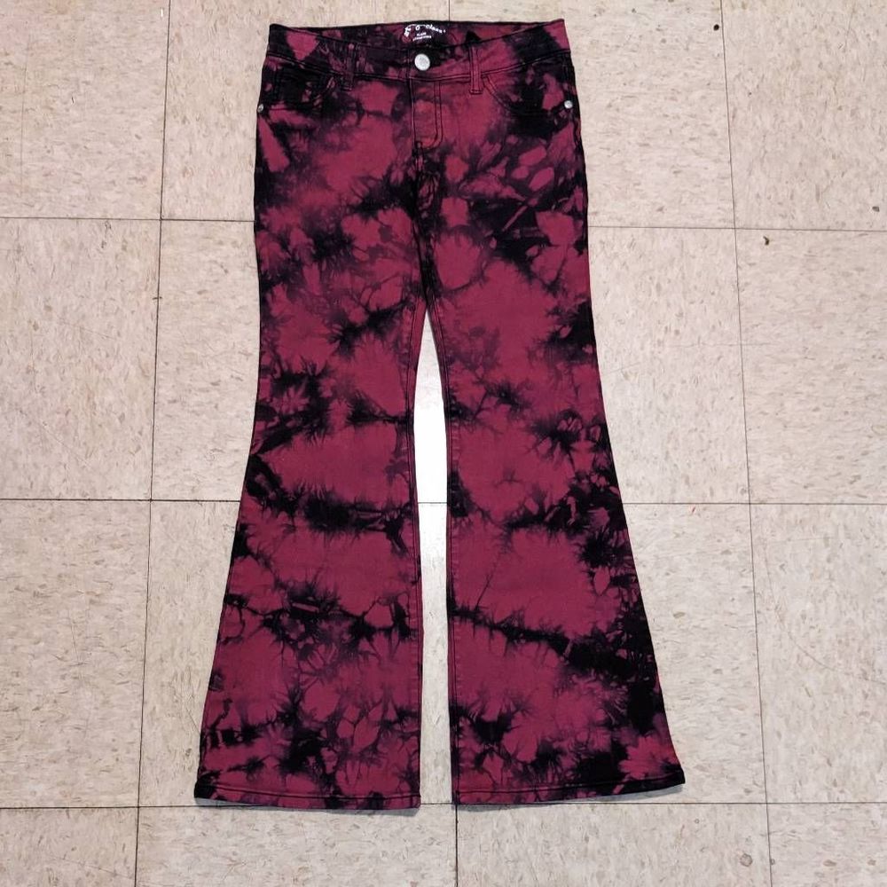 Size 10 Girls Magenta Pink and Black Tie Dye Flare Denim Jeans; art class